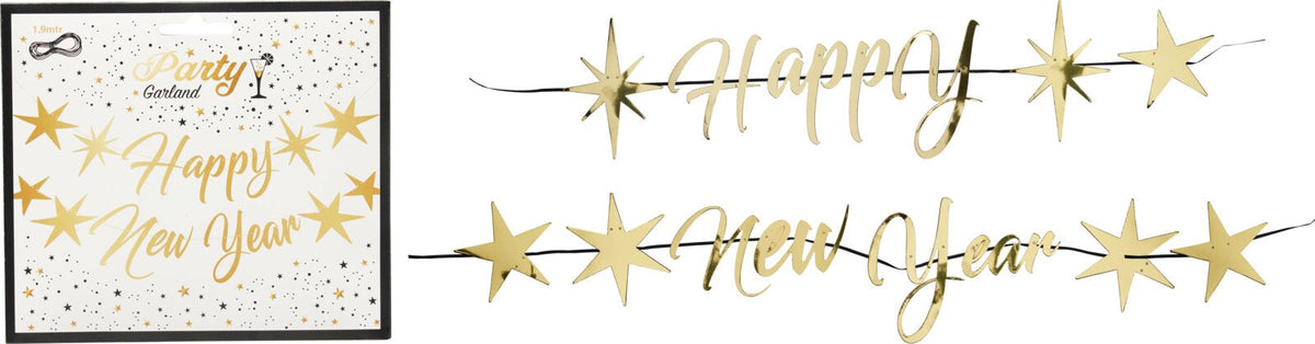 Ghirlanda Happy New Year oro con stelle e scritte in dorato su fondo bianco e nero