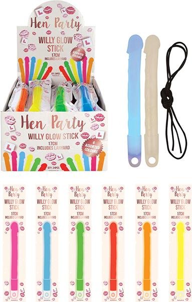Stick luminescenti colorati per feste, confezione display con bacchette glow in vari colori e cordino nero incluso