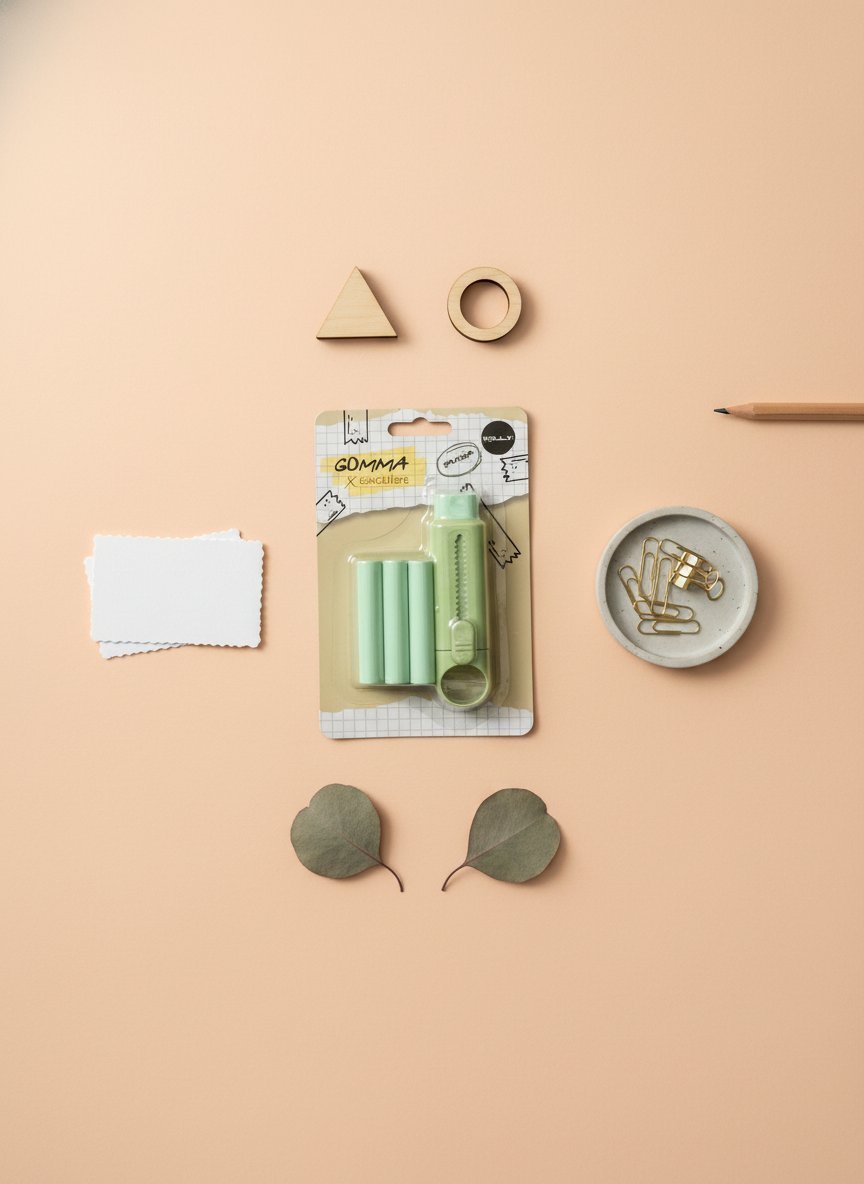 Gomma per cancellare verde chiaro Exactliere con accessori per ufficio su sfondo beige