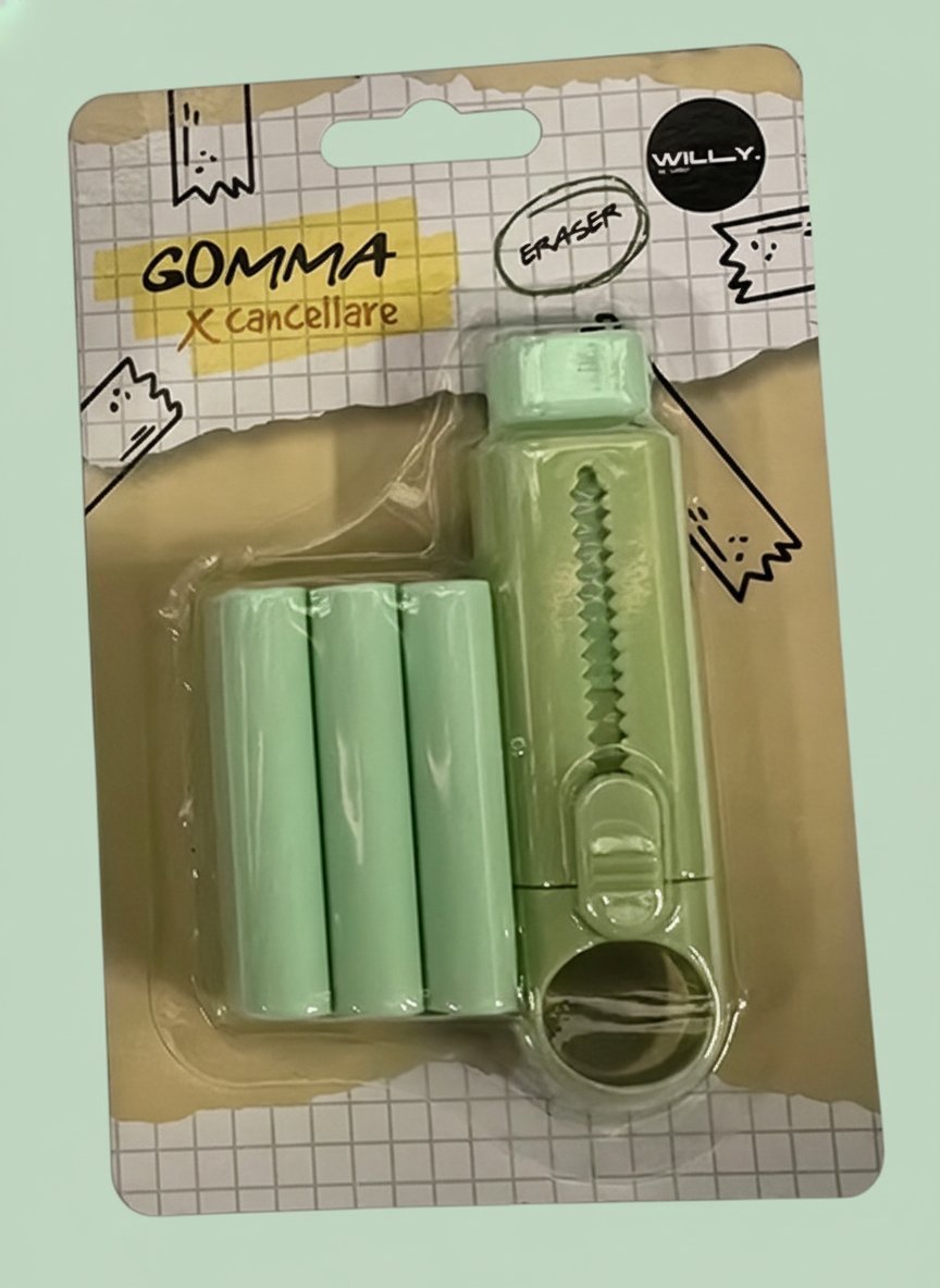 Gomma cancellare verde menta con manico e 3 ricambi, set completo Willy