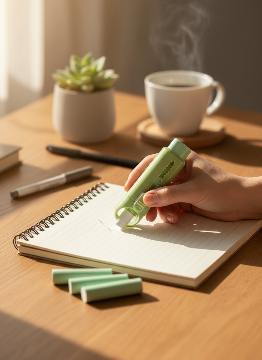Gomma per cancellare verde in uso su quaderno a spirale, scrivania in legno con tazza di caffè e pianta grassa