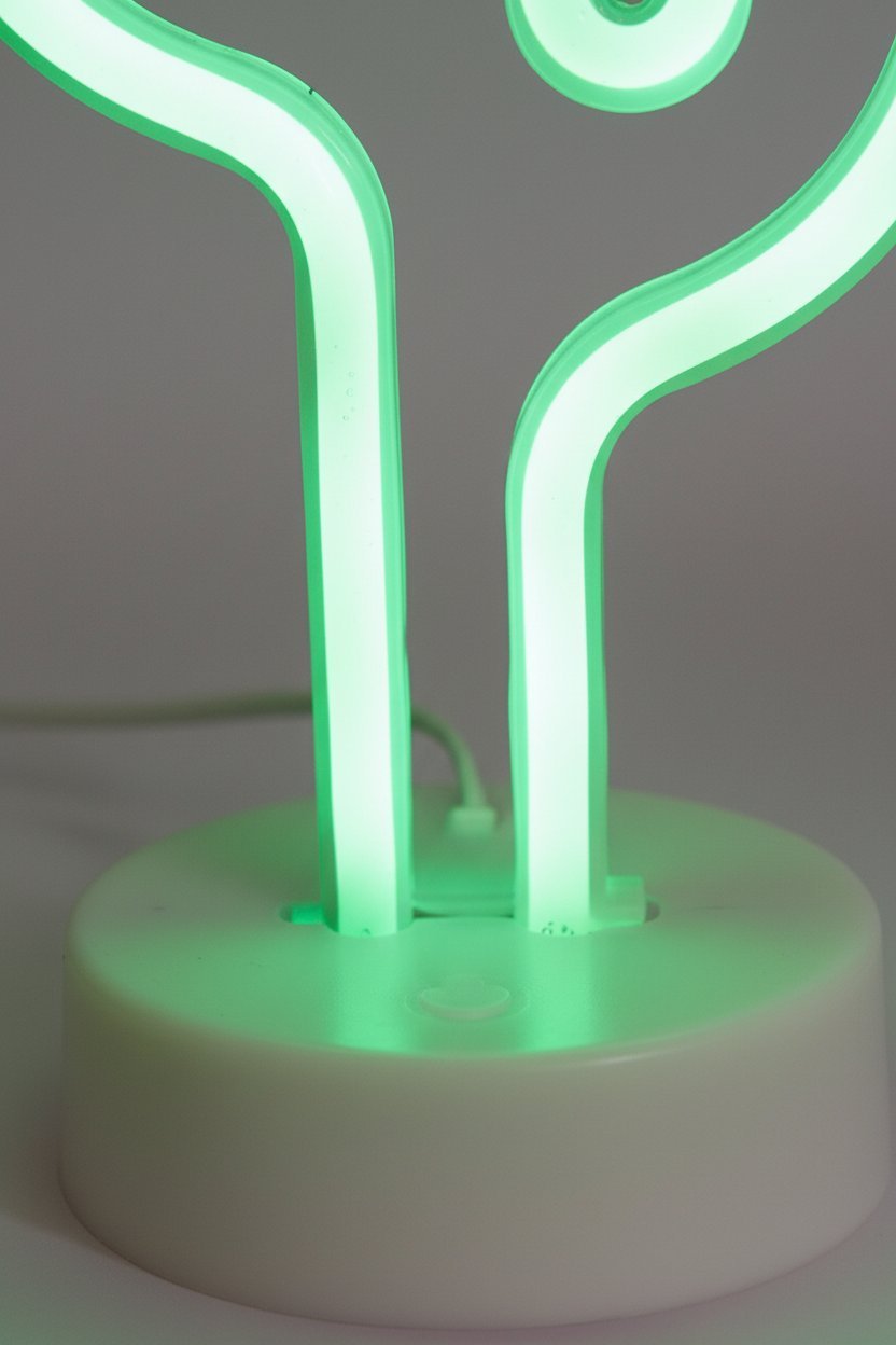 Lampada neon cactus verde con due bracci luminosi su base bianca, design moderno e decorativo