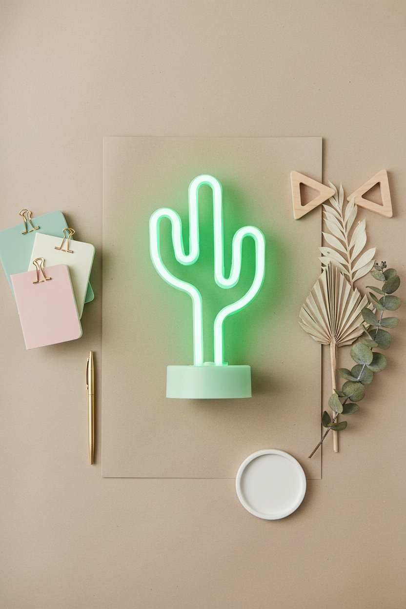 Lampada neon cactus verde e bianca su tavolo beige con accessori minimal e piante secche