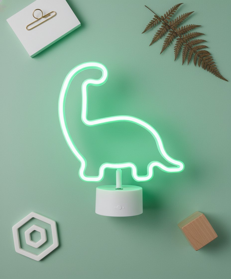 Lampada neon verde a forma di dinosauro su base bianca, circondata da accessori e piante decorative su sfondo verde salvia