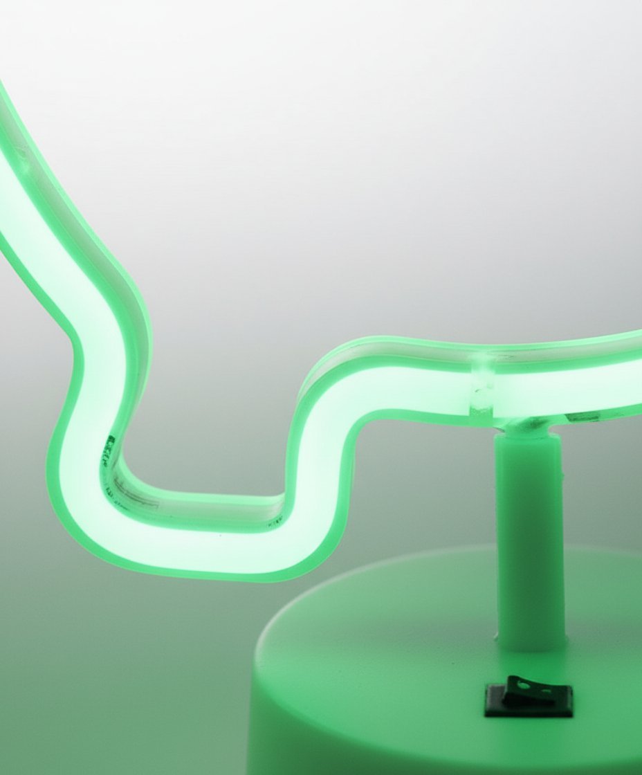 Lampada neon verde a forma di dinosauro con tubo luminoso acceso e base in resina