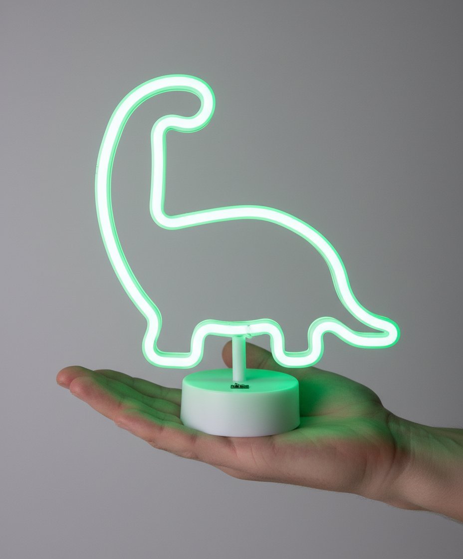 Lampada neon dinosauro verde fluorescente con base bianca, tenuta in mano su sfondo grigio
