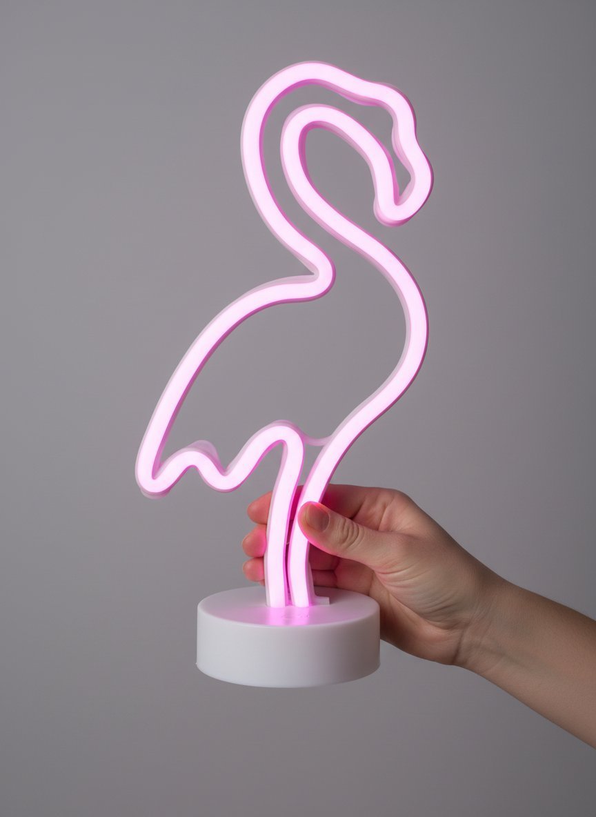 Lampada neon flamingo rosa acceso in mano, design moderno su base bianca con sfondo grigio