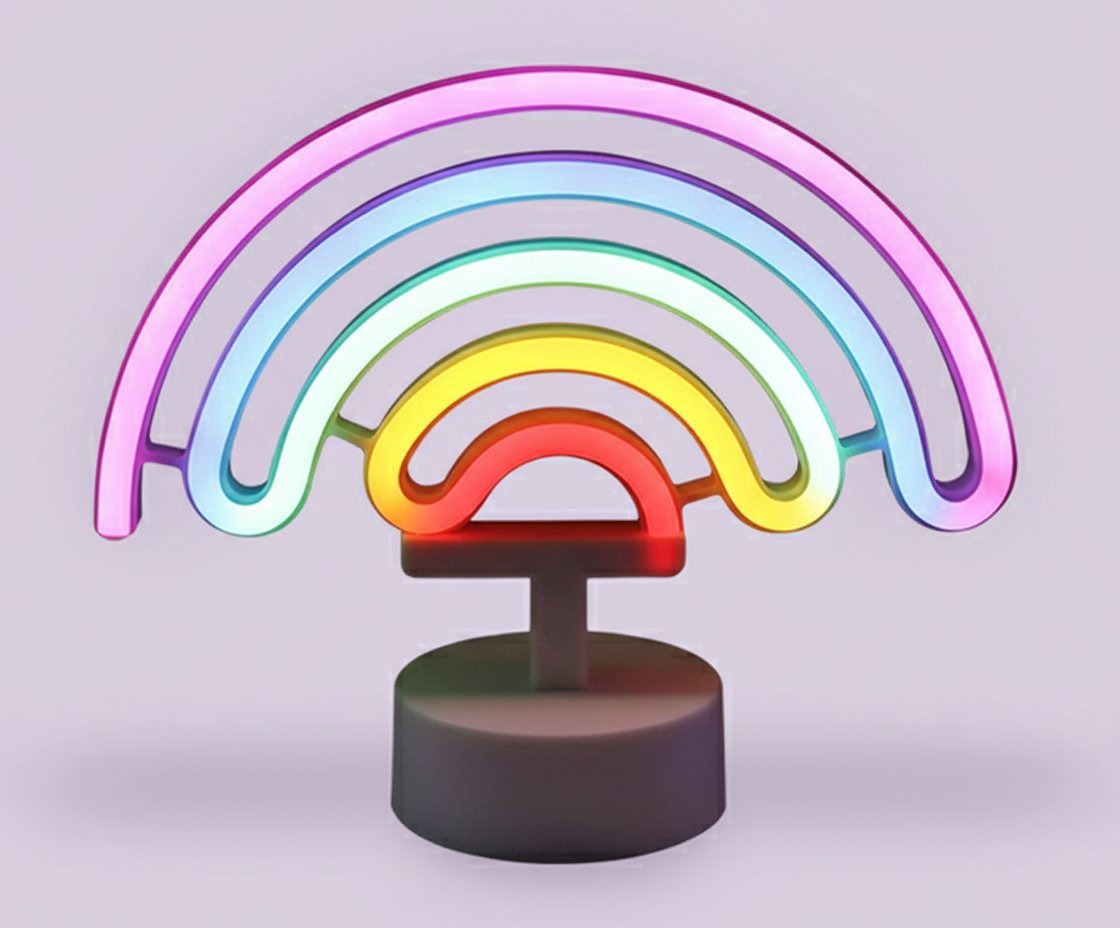 Lampada neon rainbow arcobaleno multicolore con base nera, design moderno e luminoso