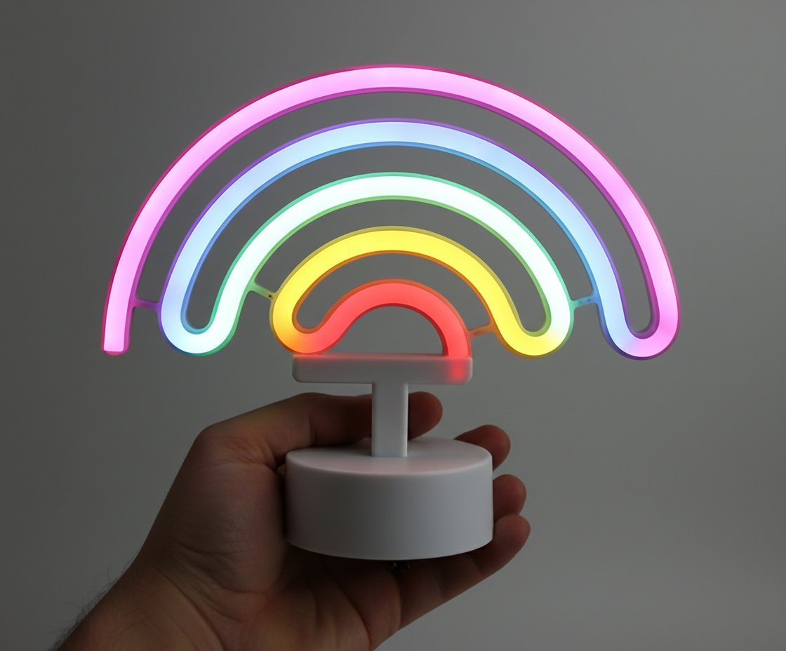 Lampada neon rainbow multicolore a forma di arco, tenuta in mano su sfondo grigio