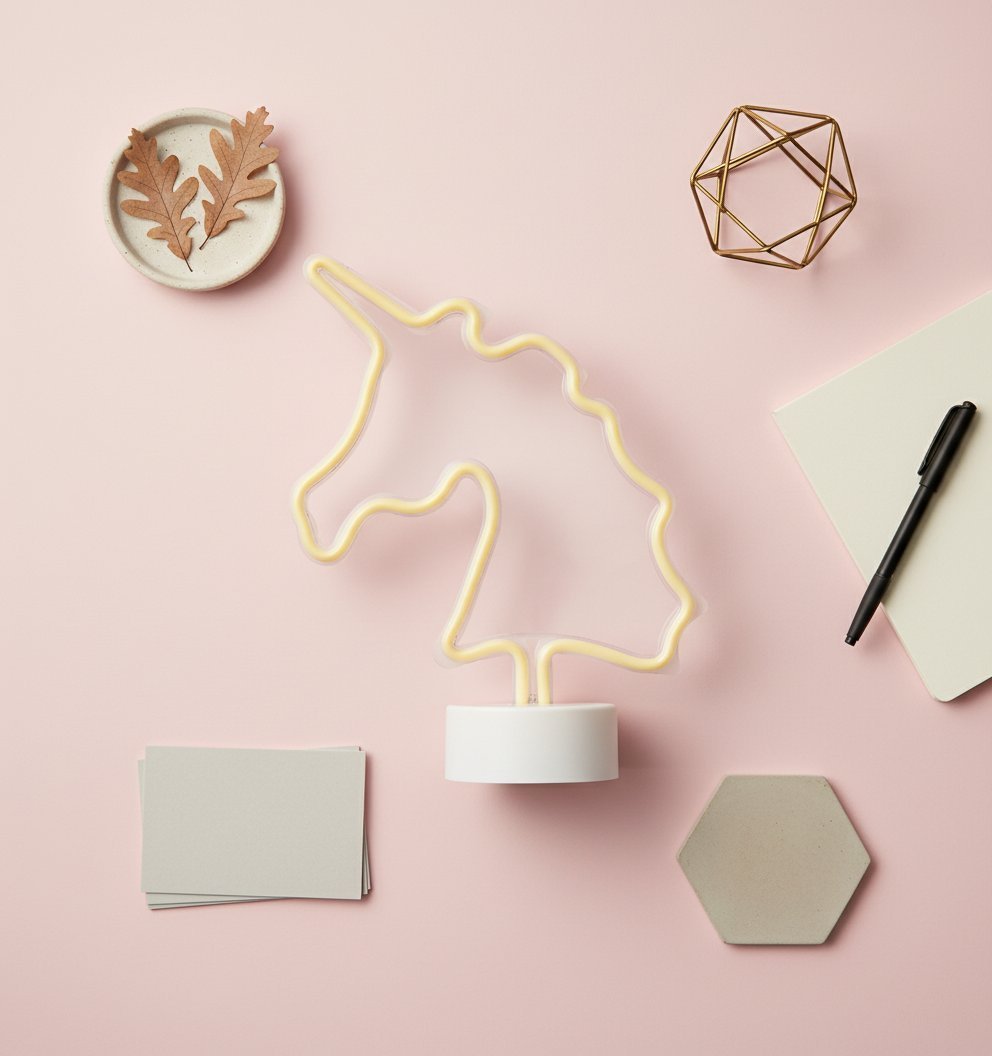 Lampada neon unicorno giallo con base bianca su sfondo rosa, circondata da accessori decorativi e cancelleria