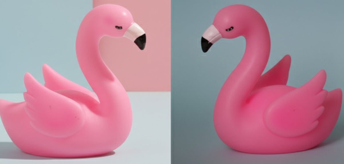 Lampada punto luce flamingo rosa con becco nero e ali spiegate, design minimalista 3D
