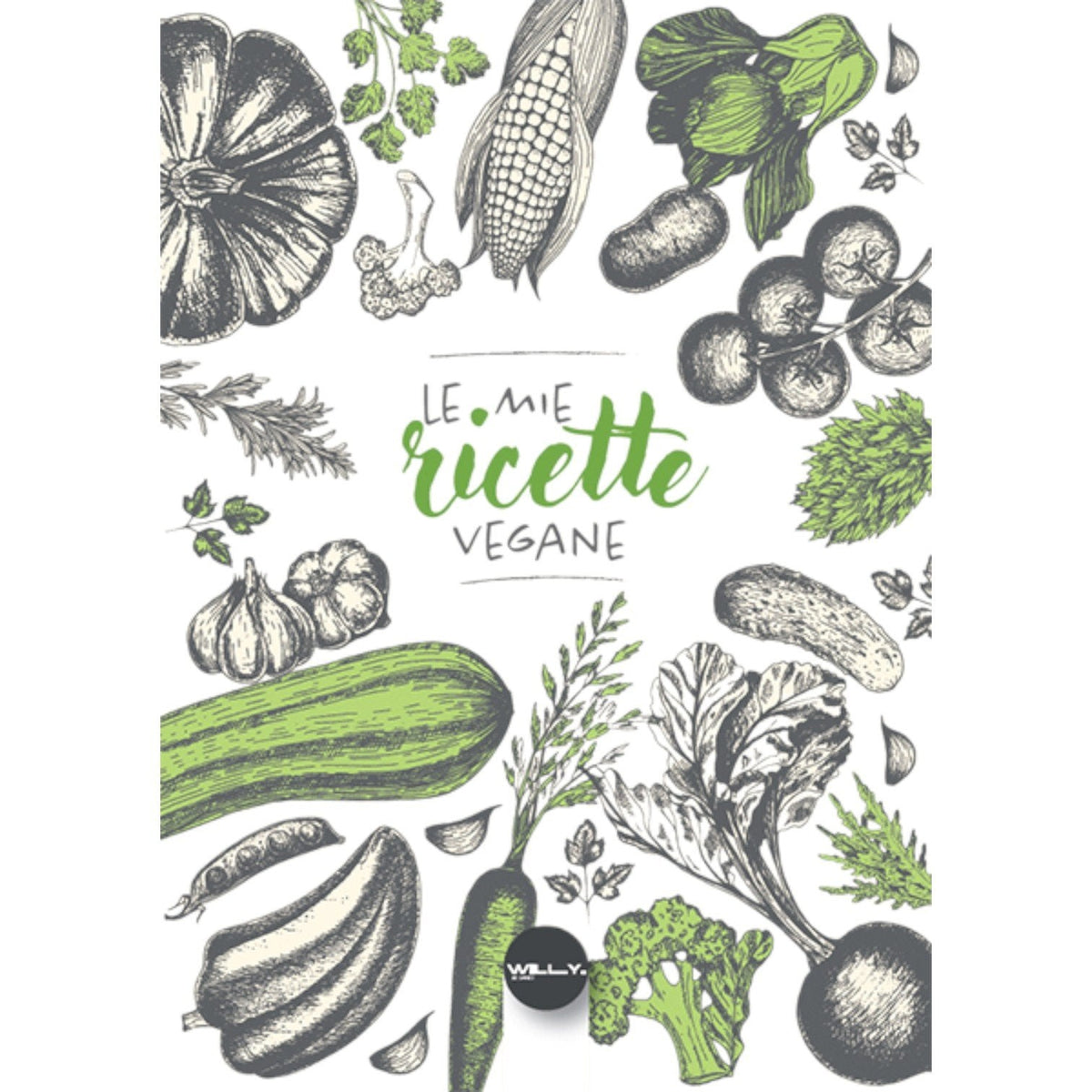 Libro ricette vegane con illustrazioni di verdure colorate e bianche, ortaggi, erbe aromatiche e elementi botanici