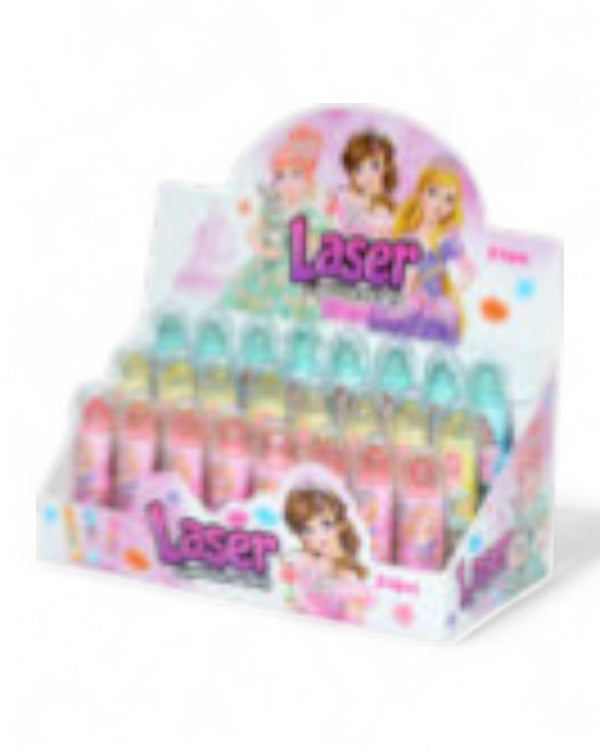 Lipstick Laser 5gr rossetti colorati con display espositore rosa, tre ragazze illustrate sulla scatola