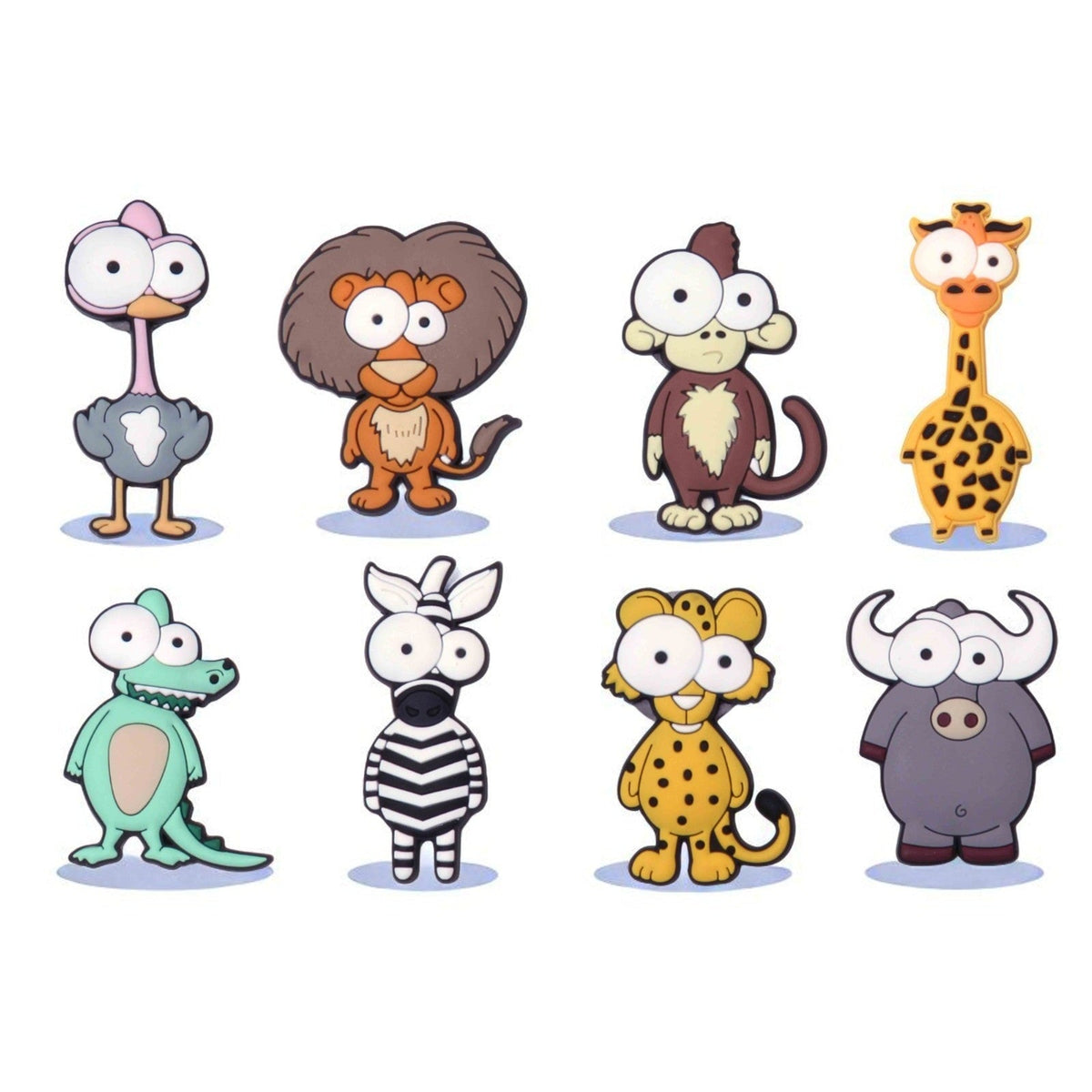Magnete frigo con 8 simpatici animali colorati: struzzo, leone, scimmia, giraffa, coccodrillo, zebra, leopardo e bisonte