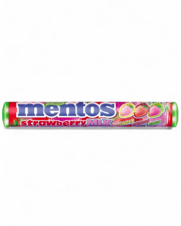 Mentos Strawberry Mix tubo rosso e verde con fragole colorate, caramelle alla frutta da 37,5 grammi