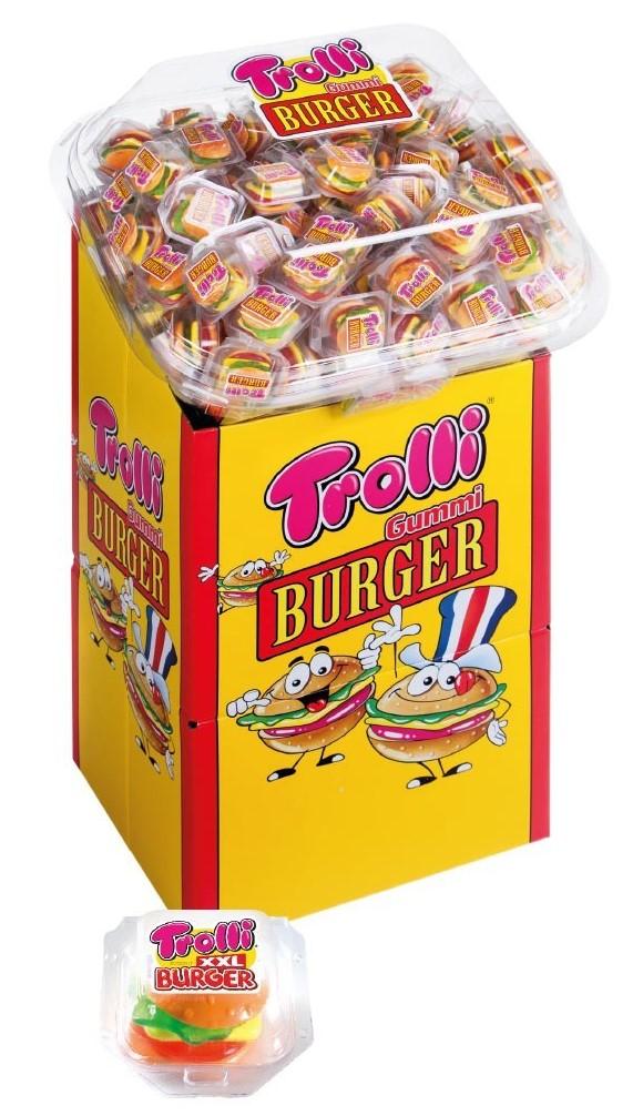 Mini hamburger gommosi Trolli 50gr con confezione gialla e rosa, caramelle a forma di burger colorati