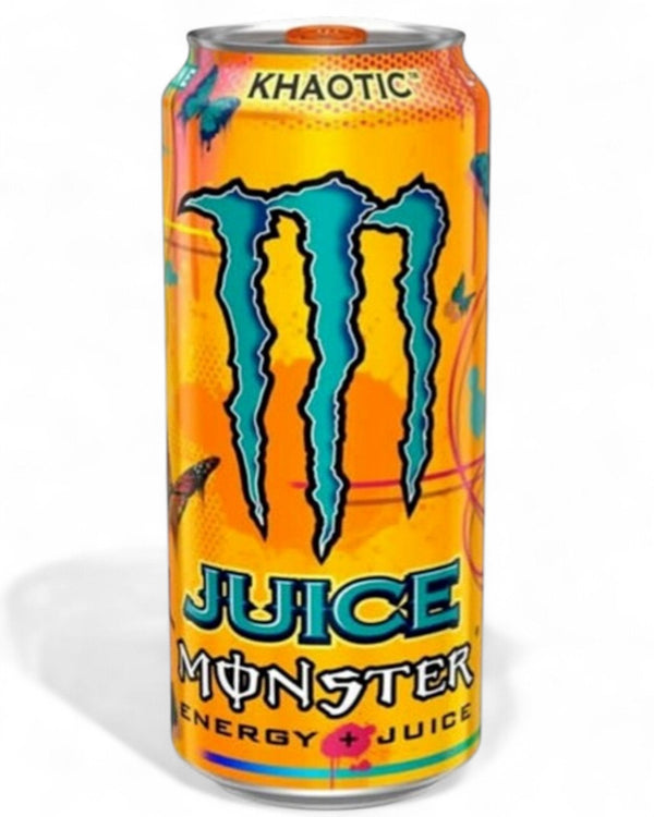 Monster Khaotic 500ml lattina arancione con tre artigli turchesi e gialli, design energico e accattivante