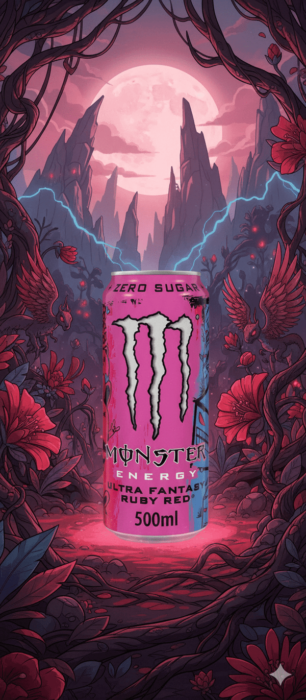 Monster Ultra Fantasy Ruby Red 500ml, bevanda energetica rosa acceso con paesaggio fantasy surreale e luna piena