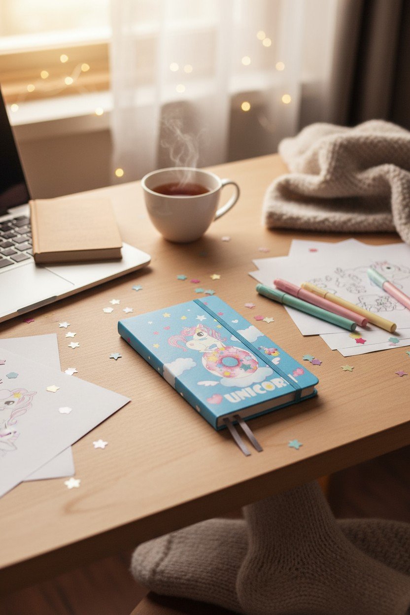Notebook A6 unicorno blu con laccio, circondato da decorazioni glitterate su scrivania in legno con tazza di tè