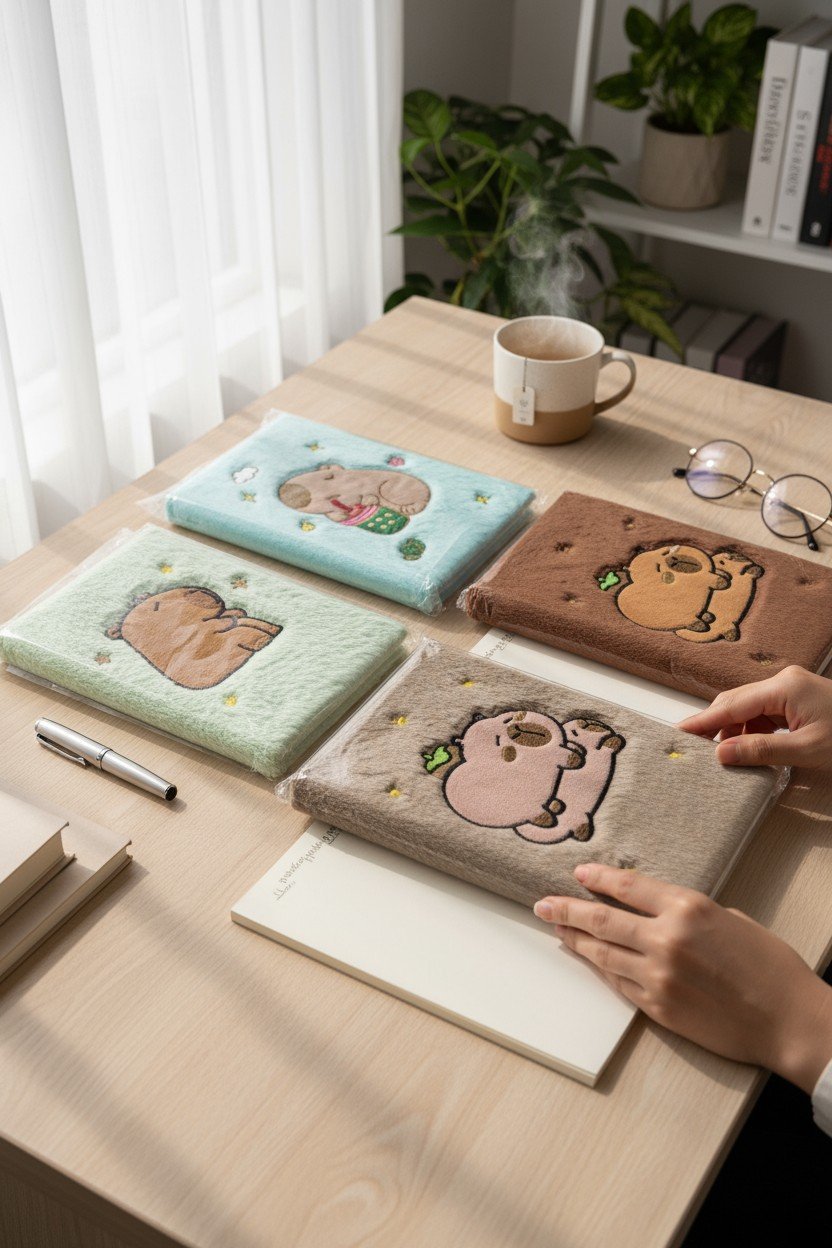 Notebook capybara in cotone con stampa kawaii, disponibile in verde salvia, azzurro e marrone, perfetto per appunti e disegni