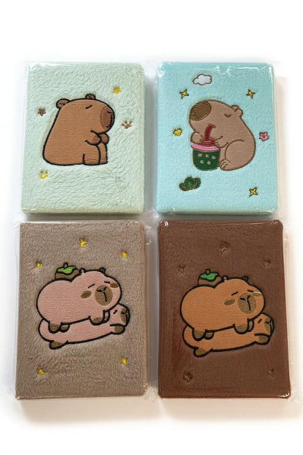 Set 4 notebook capybara colorati con fantasie stelline e cactus, copertina morbida in feltro