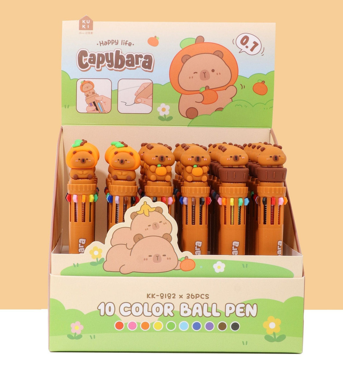 Penna a sfera 10 colori Capybara con toppa arancione, set da 36 pezzi in confezione regalo