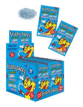 Polvere scoppiettante azzurra con fantasia gialla, confezione box blu con personaggio, bustine singole e mucchietto di
