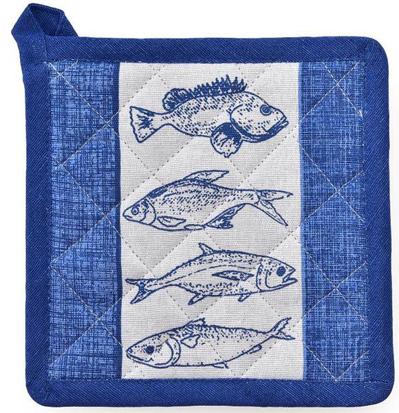 Presina azzurra con fantasia pesci stilizzati blu e bianco, bordi trapuntati in blu navy