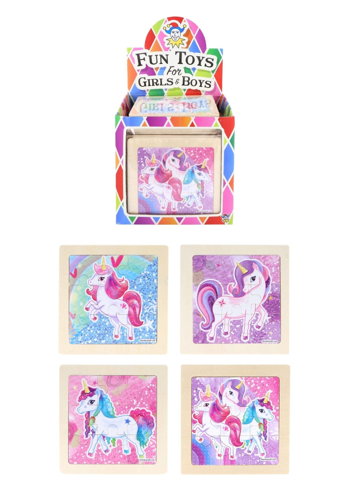 Puzzle unicorno colorato con scatola espositore arcobaleno, 4 modelli diversi con unicorni rosa, blu e viola su sfondi