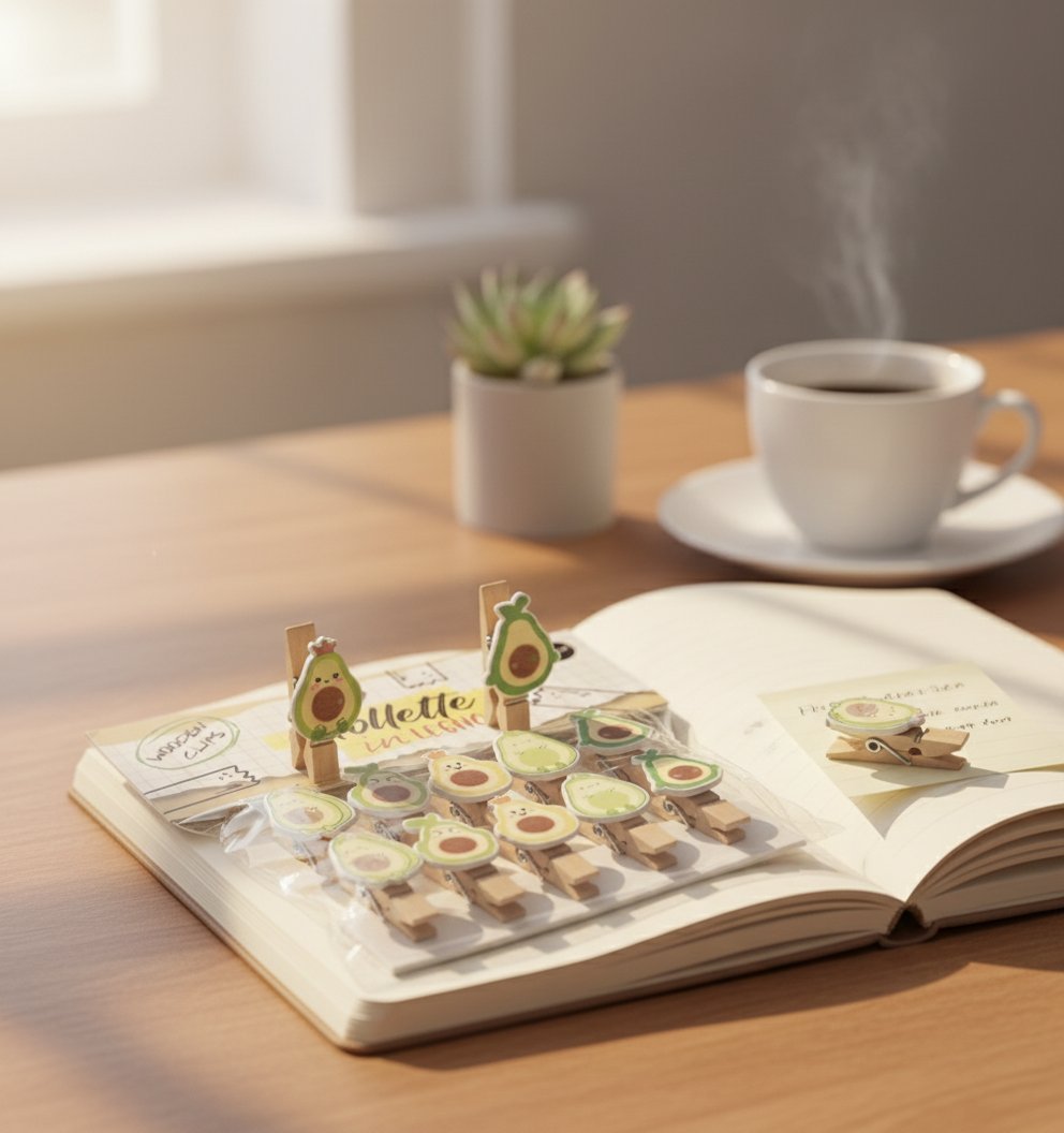 Set 10 mollette legno con design avocado colorato, perfette per organizzare e decorare