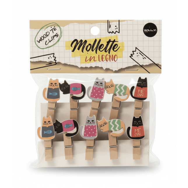 SET 10 MOLLETTE LEGNO CATS - Willy Be Smart