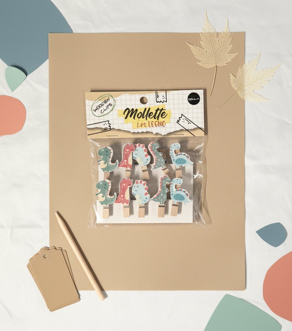 Set 10 mollette in legno con dinosauri colorati, fantasia pastello su sfondo neutro con dettagli naturali