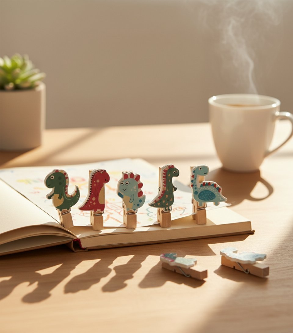 Set 10 mollette legno con dinosauri colorati su libro aperto, tazza di caffè fumante e pianta succulenta su tavolo luminoso