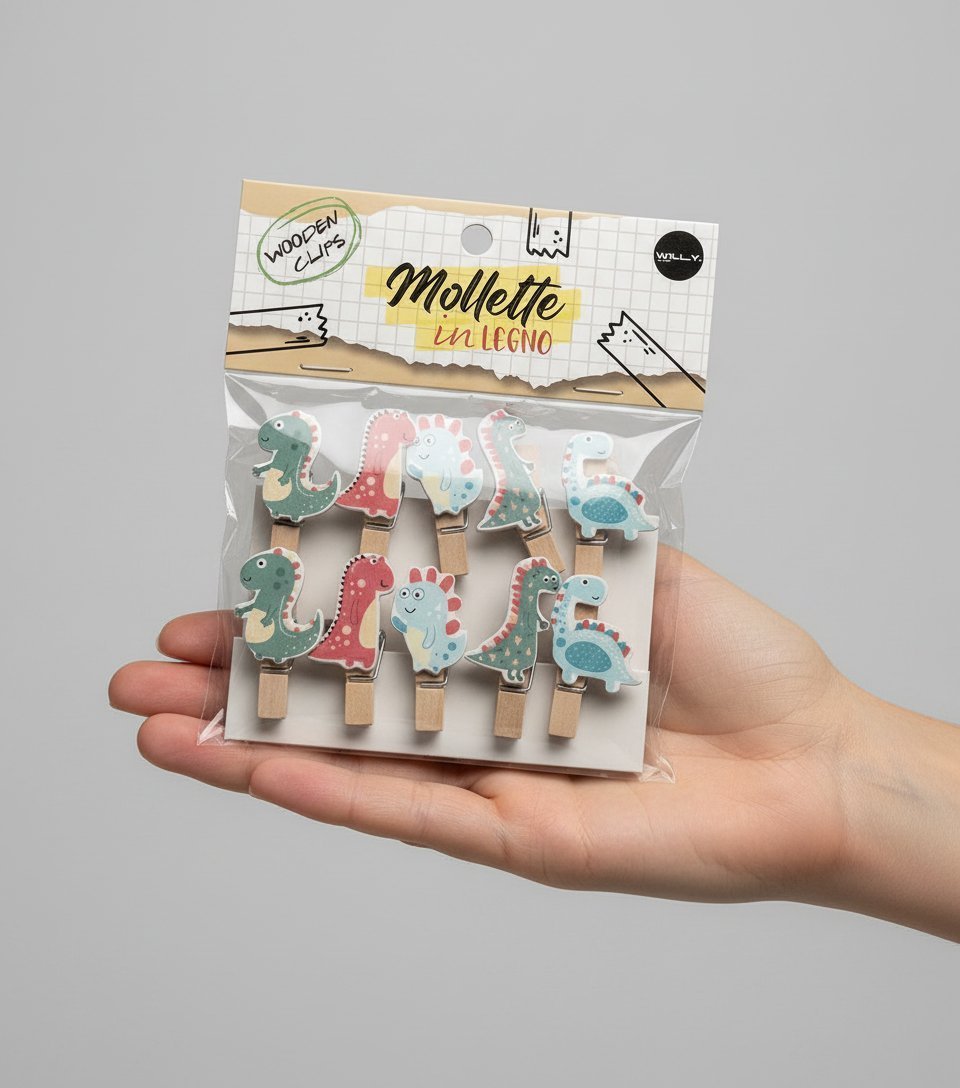 Set 10 mollette in legno con dinosauri colorati, ideali per organizzare e decorare con stile divertente