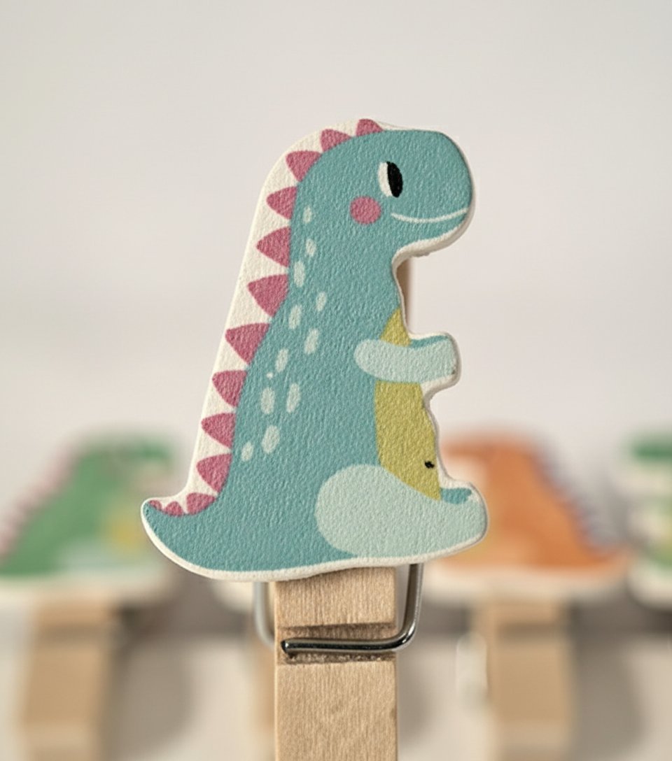 Set 10 mollette legno dinosauro T-Rex azzurro con dorso rosa, dettagli gialli e bianchi