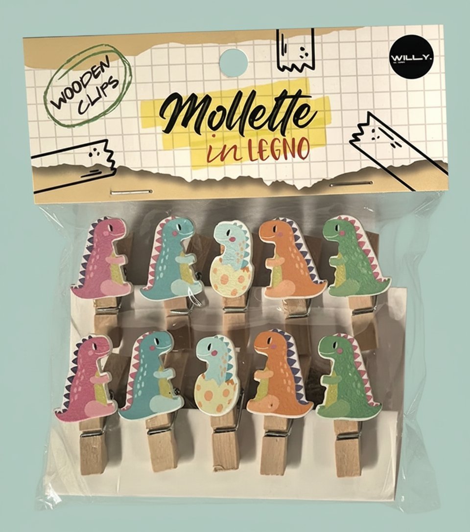 Set 10 mollette legno dinosauri colorati, clip decorative in legno naturale con disegni trex multicolore