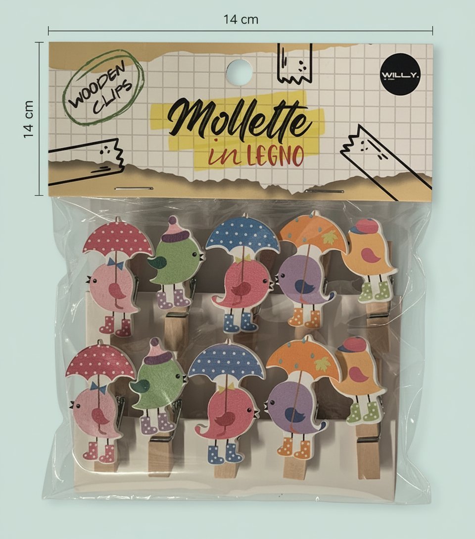 Set 10 mollette legno con simpatici personaggi ombrello colorati, ideali per decorare e organizzare