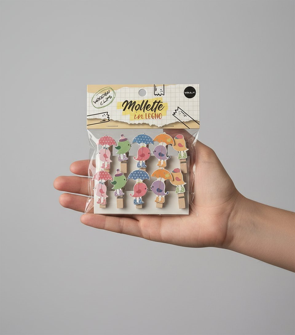 Set 10 mollette in legno con design ombrelli colorati, perfette per decorazioni e lavoretti creativi