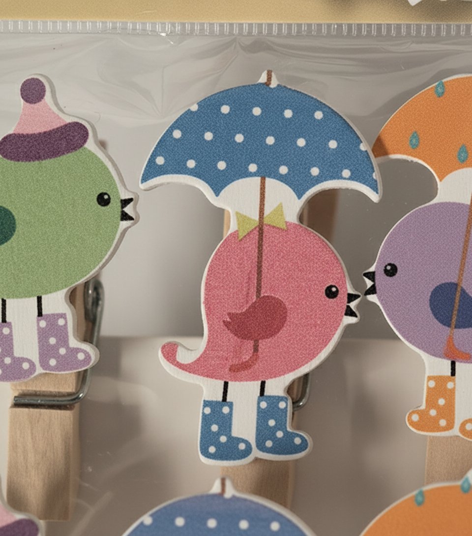 Set 10 mollette legno con uccellini colorati ombrelli pioggia, accessori creativi decorativi per bambini