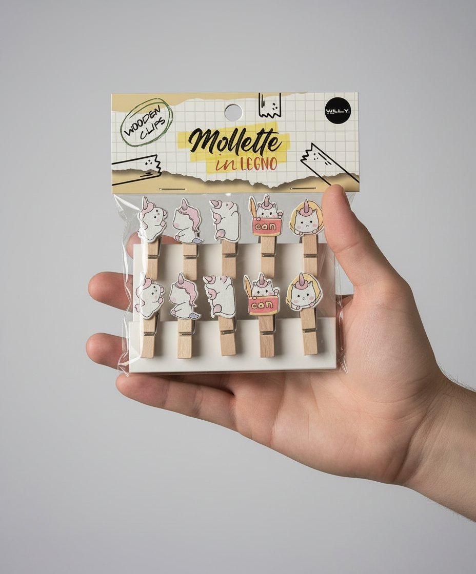 SET 10 MOLLETTE LEGNO UNICORN - Mollette in legno con design unicorno colorato, confezione trasparente tenuta in mano