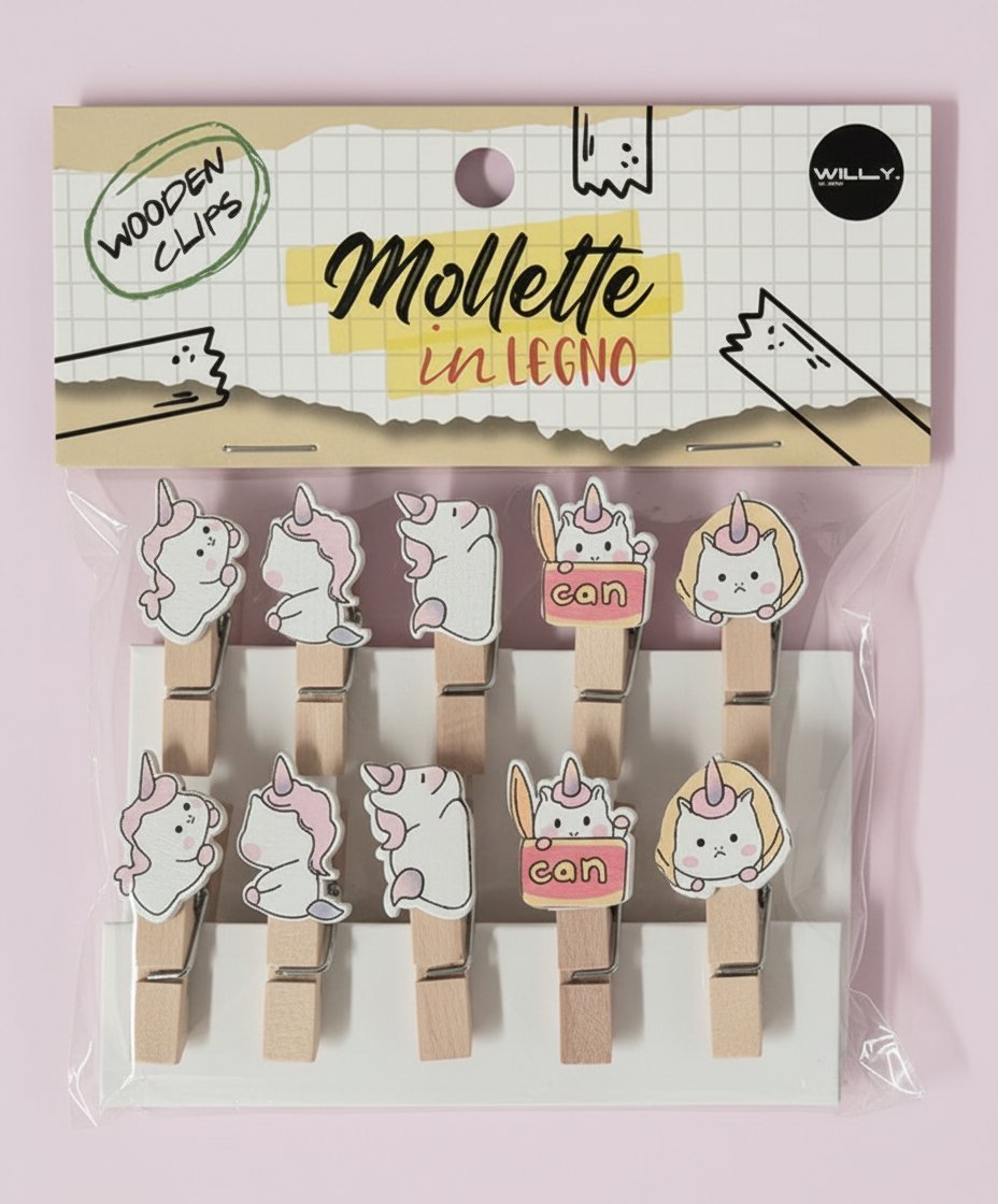 Set 10 mollette in legno con unicorni colorati e dettagli rosa, perfette per decorare e organizzare
