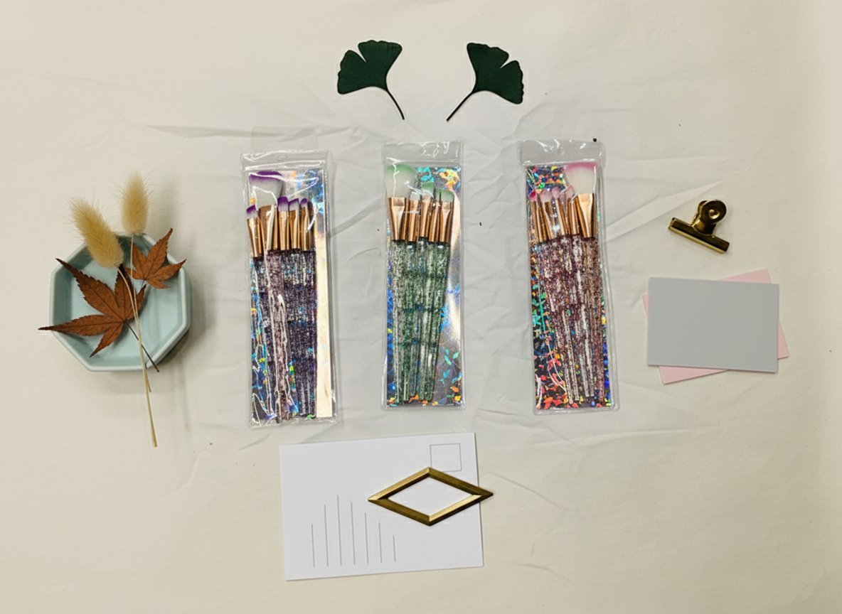 Set 5 pennelli trucco manico oro con fantasia colorata, piume secche e foglie decorative su sfondo bianco