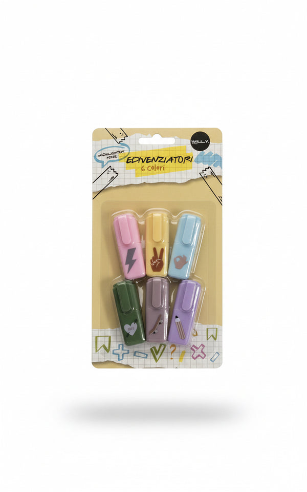 Set 6 evidenziatori colorati con punte larghe, colori pastello rosa giallo azzurro verde marrone e viola con fantasie