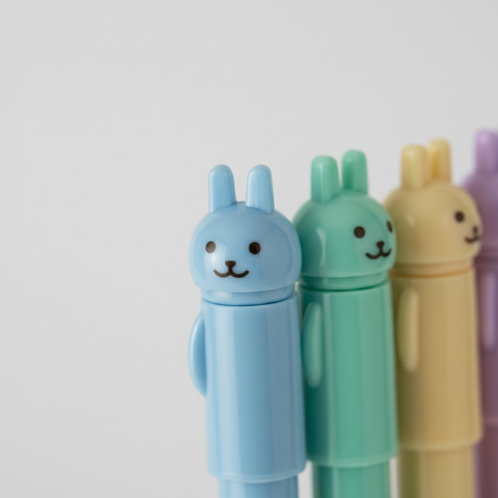 Set 8 penne colorate a forma di coniglietto con viso sorridente, in tonalità blu, verde, giallo e viola