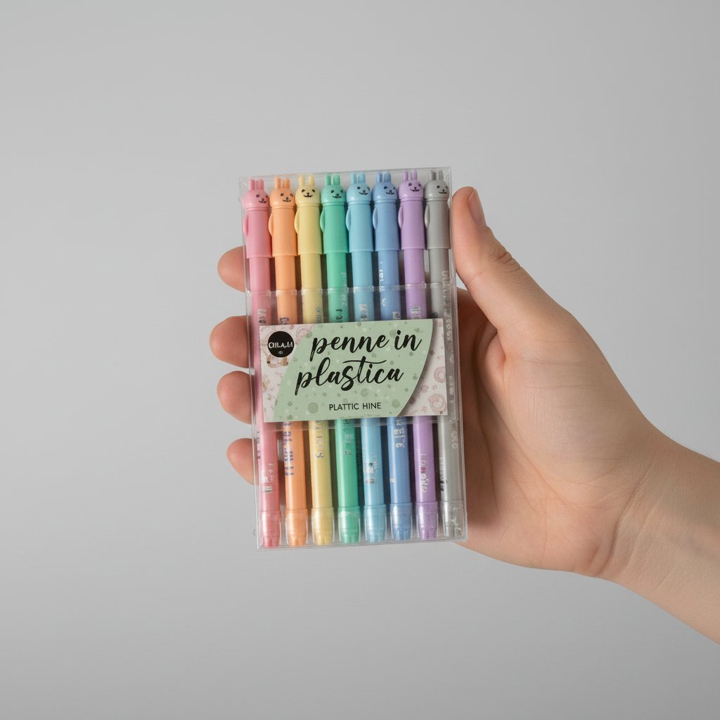 Set 8 penne colorate in plastica con cappucci fantasia, tonalità pastello rosa, arancio, giallo, verde, azzurro, blu, viola