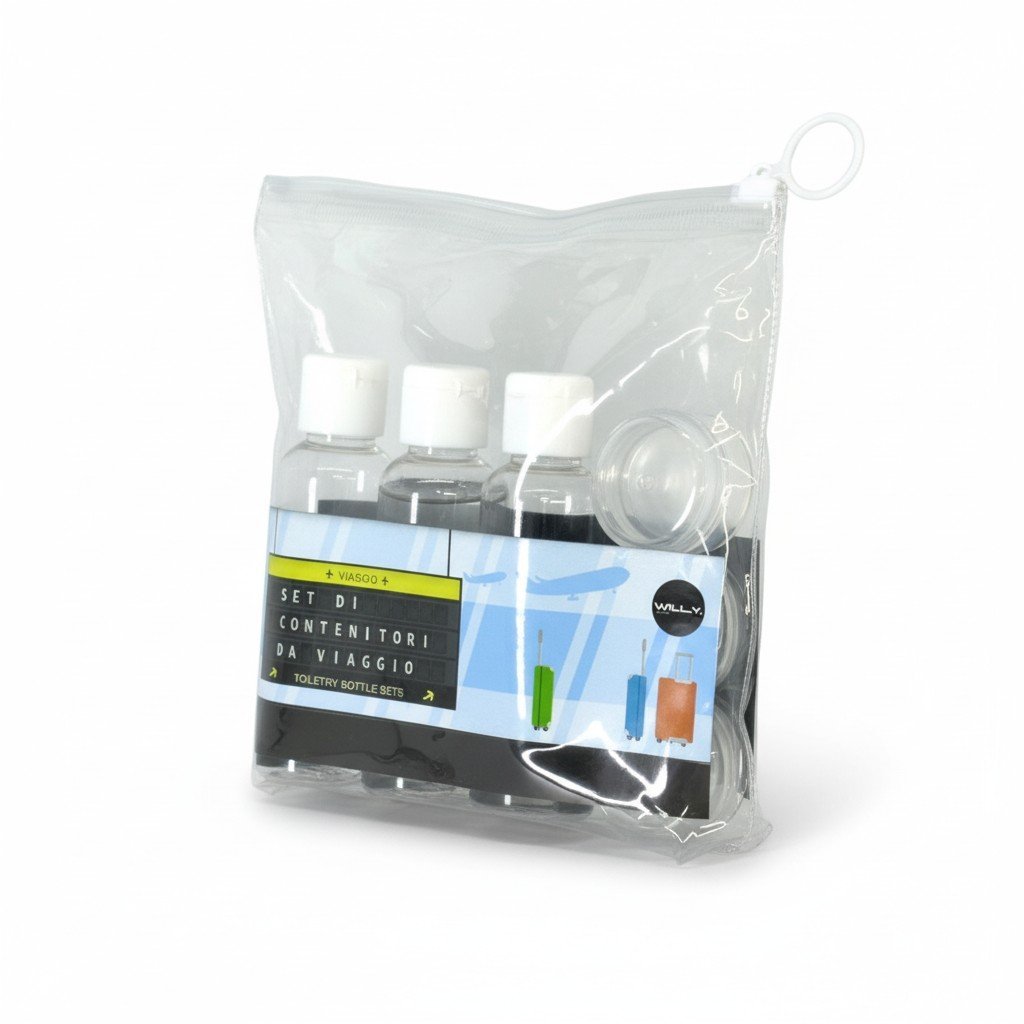 Set da viaggio contenitori trasparenti 85ml con flaconi bianchi, borsetta trasparente e anello portachiavi