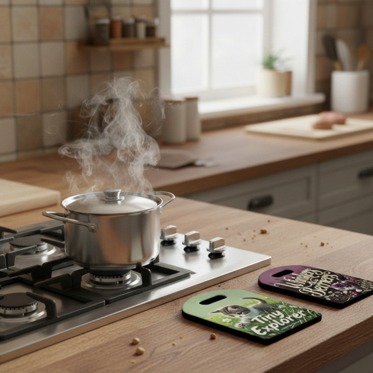 Sottopentola gatto in cucina moderna: pentola fumante su fornello con sottopentola decorato a tema felino sul piano di lavor
