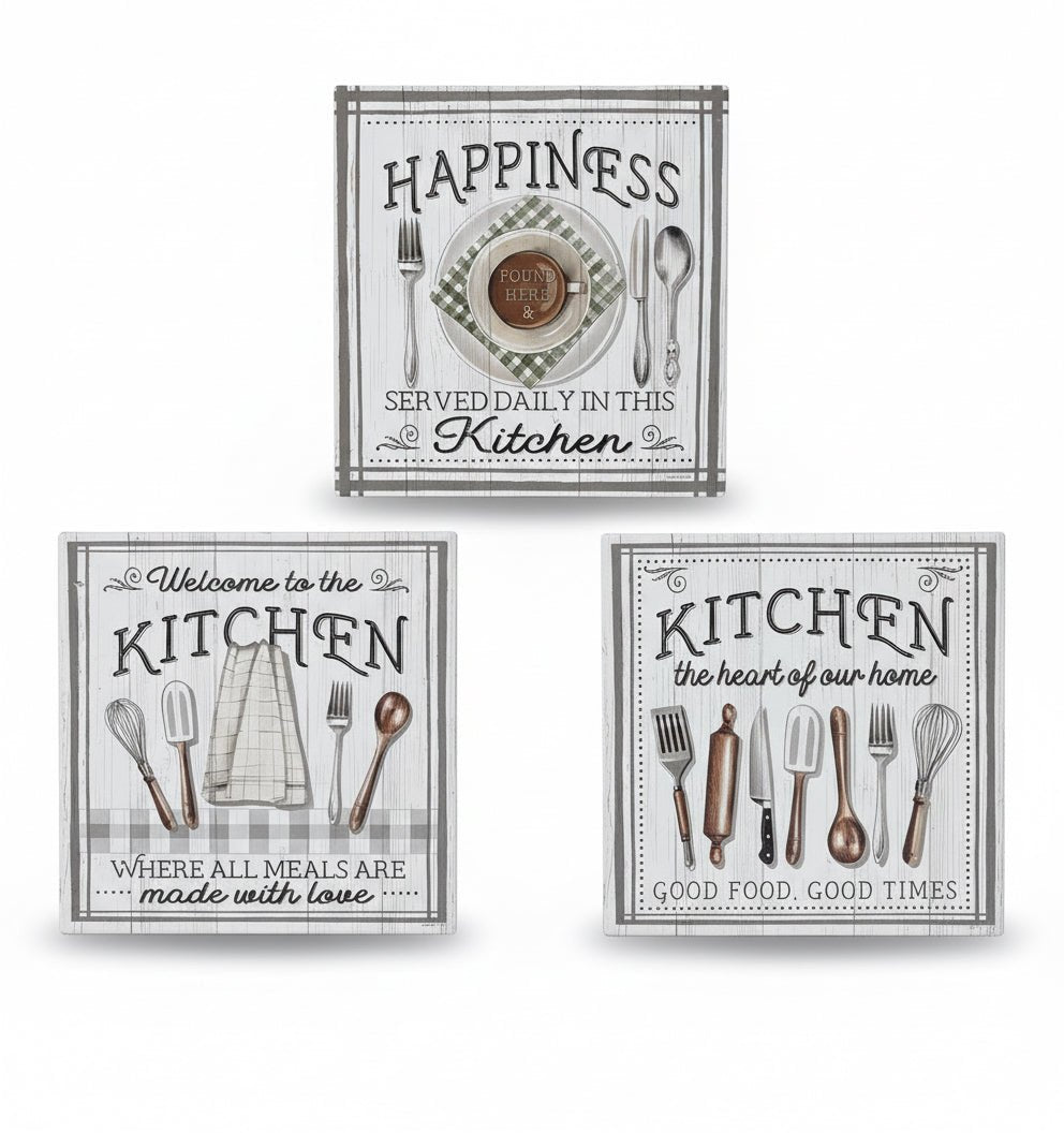 # SOTTOPENTOLA KITCHEN - ALT TEXT

Set 3 quadri decorativi cucina con frasi motivazionali, utensili e dettagli floreali su f