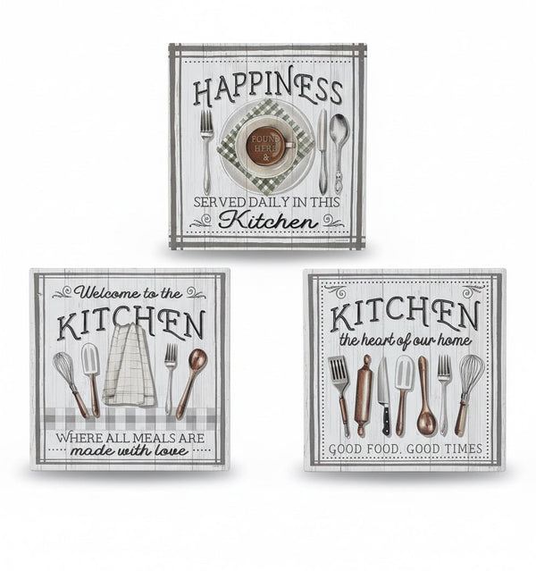 # SOTTOPENTOLA KITCHEN - ALT TEXT

Set 3 quadri decorativi cucina con frasi motivazionali, utensili e dettagli floreali su f