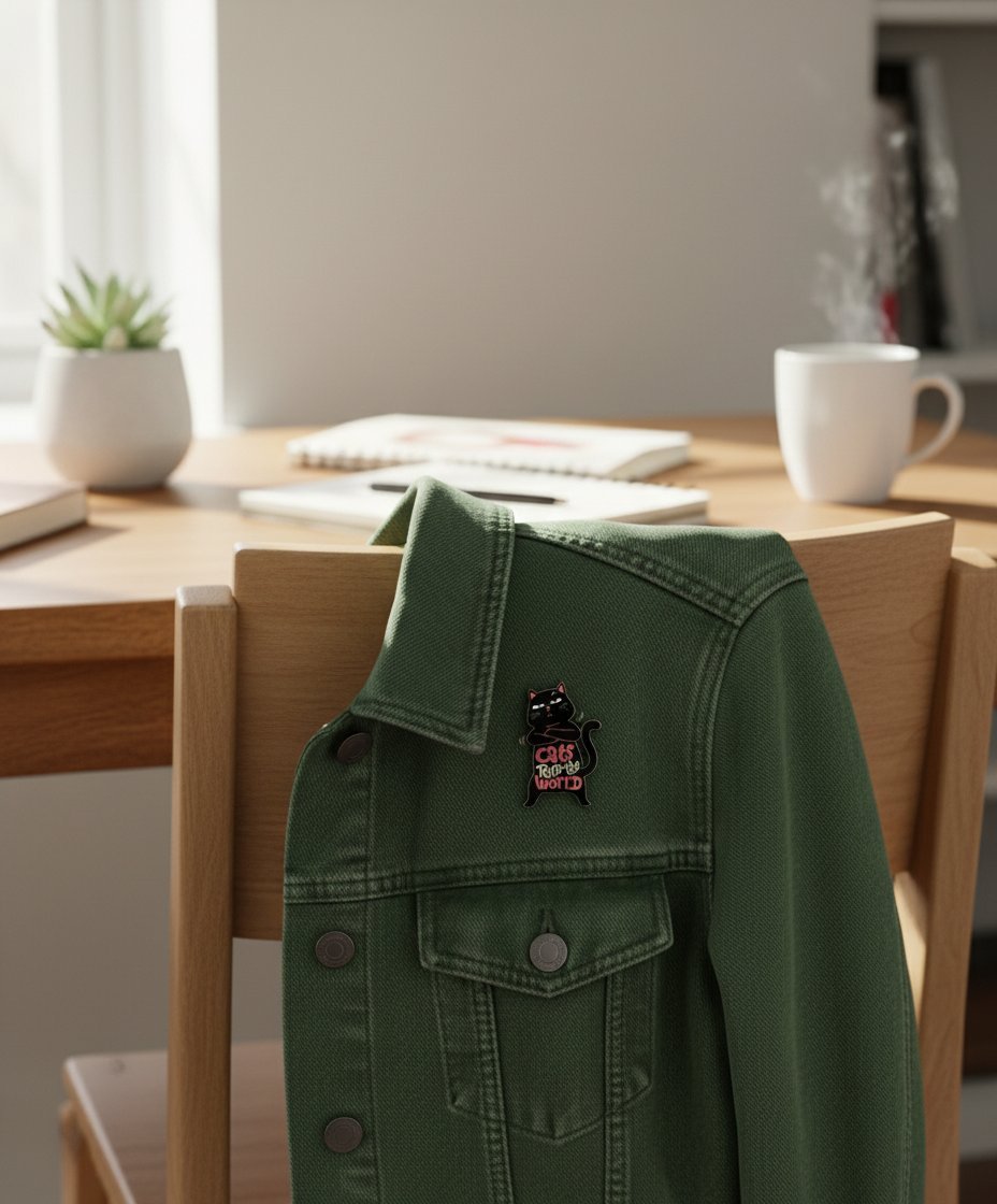 Spilla gatto nero con scritta "Cats Rule the World" su giacca denim verde appesa a sedia in legno